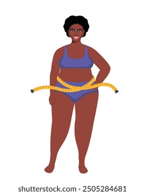 Mujer negra de talla grande en ropa interior y cinta métrica. Muchacha gorda de gran tamaño. Concepto de control de peso de la obesidad. Carácter de dibujos animados femenino con sobrepeso de longitud completa. Ilustración vectorial