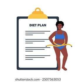 Mujer negra de talla grande en ropa interior de pie frente a la lista de verificación del plan de dieta grande. Ilustración vectorial