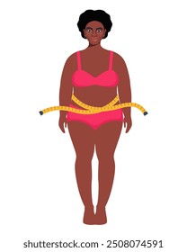 Mujer negra de talla grande en ropa interior y cinta métrica. Muchacha gorda de gran tamaño. Concepto de control de peso de la obesidad. Carácter de dibujos animados femenino con sobrepeso de longitud completa. Ilustración vectorial