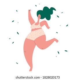 Plus size body girl dancing. Positive cheerful woman jumping in underwear. People beauty, fat and weight acceptance. Self confidence concept drawing. Vector flat illustration.