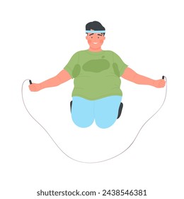 Plus size boy jumping rope. Weight loss program, sport cardio training cartoon vector illustration