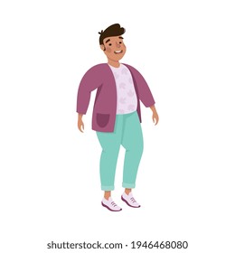 Plus Size Brunette Man Standing and Waving Hand Vector Illustration