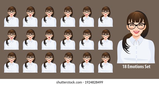 Plus Size Business Woman In White Shirt With Different Facial Expressions Set Isolated In Cartoon Character Style Vector Illustration