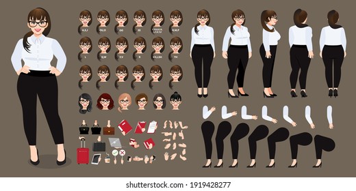 Plus size businesswoman cartoon character in white shirt creation set with various views, hairstyles, face emotions, lip sync and poses. Parts of body template for design work and animation