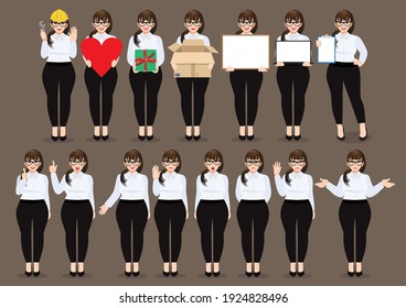 Plus size businesswoman cartoon character set. Beautiful business woman in office style white shirt. Vector illustration 