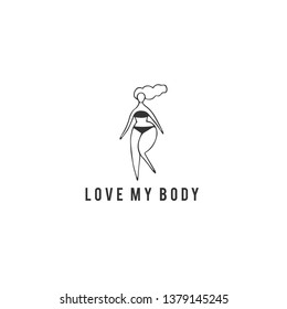 Plus size concept, body positive. Overweight woman in underwear. Vector hand drawn logo template. Perfect for resources devoted to the harmony with your body and large-size clothing stores.