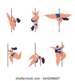 Plus size confident girl dancing on pylon.Elegant women sport in different poses.Love your body.Body positive concept.Flat cartoon character on white background.Colorful vector illustration
