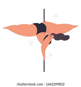 Plus size confident girl dancing on pylon.Elegant women sport.Love your body.Body positive concept.Flat cartoon character on pink background.Colorful vector illustration