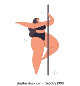 Plus size confident girl dancing on pylon.Elegant women sport.Love your body.Body positive concept.Flat cartoon character on pink background.Colorful vector illustration