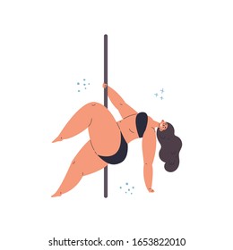 Plus size confident girl dancing on pylon.Elegant women sport.Love your body.Body positive concept.Flat cartoon character on pink background.Colorful vector illustration