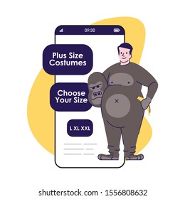 Plus size costumes smartphone app screen. Monkey suit. Party clothing for rent. Mobile phone displays, cartoon characters design mockup. Online store application telephone interface