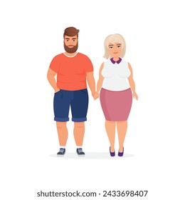 Plus size couple in casual clothes standing together, holding hands vector illustration