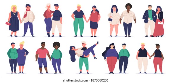 Plus size couples. Fat attractive male and female characters, body positive curvy man and woman. Overweight couples vector illustrations. Fat person, male and woman, big and large obesity