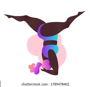 Plus size curvy black lady doing yoga class. Vector illustration isolated on white. Online home workout. Body positive. Attractive African American woman. Utthita pada sirsasana, headstand split pose.