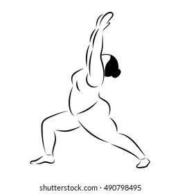 Plus size curvy flexible sporty woman doing yoga fitness. Warrior pose 1 (Virabhadrasana I). Activity for everyone. Body positive lifestyle. Vector illustration, eps 10