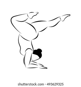 Plus size curvy flexible sporty woman doing yoga fitness. Handstand. Pincha Mayurasana pose. Beautiful yogi. Body positive lifestyle. Vector illustration, eps 10