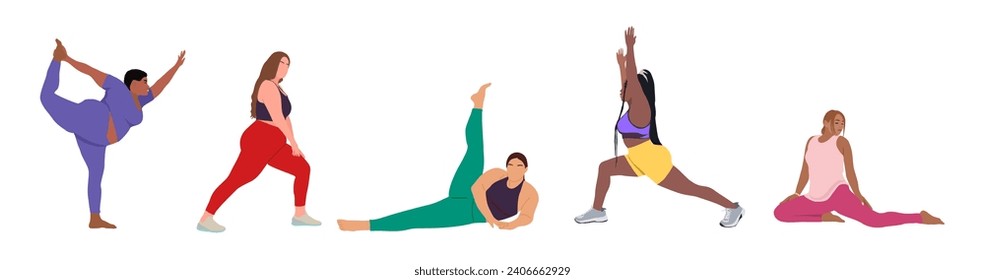 Plus size curvy girls doing sport exercise vector.