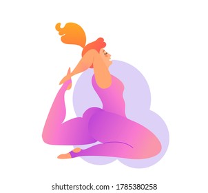 Plus size curvy lady doing yoga class. Vector illustration isolated on white. Online home workout concept. Bodypositive. Attractive overweight woman. Kapotasana  or Pigeon Pose