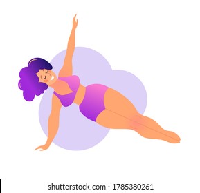 Plus size curvy lady doing yoga class. Vector illustration isolated on white. Online home workout concept. Bodypositive. Attractive overweight woman. Vasisthasana or Side Plank pose