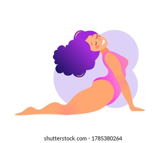 Además de una chica curvada haciendo clases de yoga. Ilustración vectorial aislada en blanco. Concepto de entrenamiento en casa en línea. Bodypositivo. Atractiva mujer con sobrepeso. Dog Pose de cara ascendente o Urdhva Mukha Shvanasana.