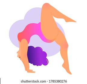 Plus size curvy lady doing yoga class. Vector illustration isolated on white. Online home workout concept. Bodypositive. Attractive overweight woman. Urdhva Dhanurasana, Upward Bow or Wheel Pose.