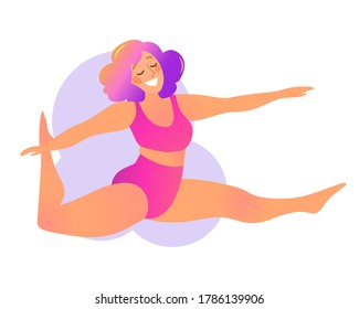 Plus size curvy lady doing yoga class. Vector illustration isolated on white. Online home workout concept. Bodypositive. Attractive overweight woman. Split, Monkey Pose or Hanumanasana