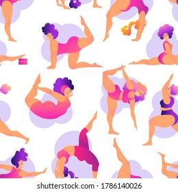 Plus size curvy lady doing yoga class. Seamless pattern. Vector illustration isolated on white. Online home workout concept. Body positive. Attractive overweight woman.