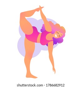 Plus size curvy lady doing yoga class. Vector illustration isolated on white. Online home workout concept. Bodypositive. Attractive overweight woman. Natarajasana or Lord of the Dance Pose