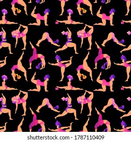 Plus size curvy lady doing yoga class. Seamless pattern. Vector illustration isolated. Online home workout concept. Body positive. Attractive overweight woman.