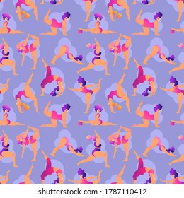 Plus size curvy lady doing yoga class. Seamless pattern. Vector illustration isolated. Online home workout concept. Body positive. Attractive overweight woman.