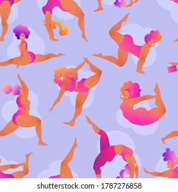 Plus size curvy lady doing yoga class. Seamless pattern. Vector illustration isolated. Online home workout concept. Body positive. Attractive overweight woman.