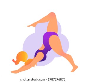 Plus size curvy lady doing yoga class. Vector illustration isolated on white. Online home workout concept. Downward facing dog asana or Adho mukha svanasana.  Body positive. Attractive overweight girl