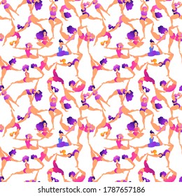 Plus size curvy lady doing yoga class. Seamless pattern. Vector illustration isolated. Online home workout concept. Body positive. Attractive overweight woman.