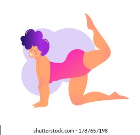 Plus size curvy lady doing yoga class. Vector illustration isolated on white. Online home workout concept. Bodypositive. Attractive overweight woman. Vyaghrasana or Tiger Pose