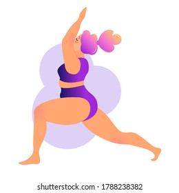 Plus size curvy lady doing yoga class. Vector illustration isolated on white. Online home workout concept. Bodypositive. Attractive overweight woman. Virabhadrasana or warrior pose.