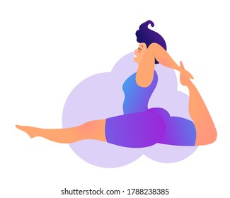 Plus size curvy lady doing yoga class. Vector illustration isolated on white. Online home workout concept. Bodypositive. Attractive overweight woman. Split, Monkey Pose or Hanumanasana