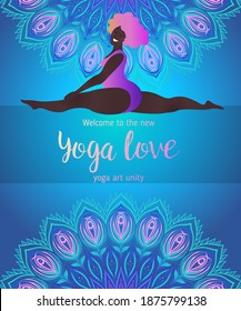 Plus size curvy lady doing yoga class.  Yoga card design. Colorful template for spiritual retreat or yoga studio. Ornamental business cards, oriental pattern. Vector 