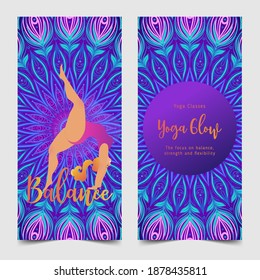 Plus size curvy lady doing yoga class.  Yoga card design. Colorful template for spiritual retreat or yoga studio. Ornamental business cards, oriental pattern. Vector 