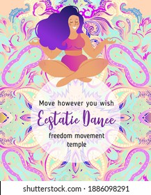 Plus size curvy lady doing yoga class.  Yoga card design. Colorful template for spiritual retreat or yoga studio. Ornamental business cards, oriental pattern. Vector 