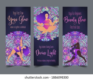 Plus Size Curvy Lady Doing Yoga Class.  Yoga Card Design. Colorful Template For Spiritual Retreat Or Yoga Studio. Ornamental Business Cards, Oriental Pattern. Vector 