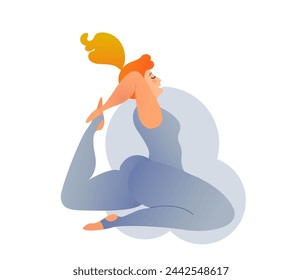 Plus size curvy lady doing yoga class. Vector illustration isolated on white. Online home workout concept. Body positive. Attractive overweight woman. 