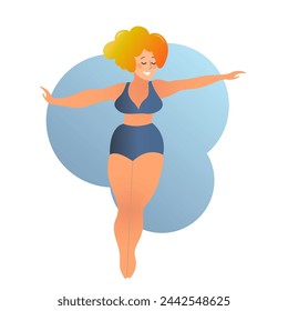 Plus size curvy lady doing yoga class. Vector illustration isolated on white. Online home workout concept. Body positive. Attractive overweight woman. 