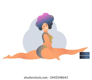Señora curvy talla grande haciendo clase de yoga. Ilustración vectorial aislada en blanco. Concepto de entrenamiento casero en línea. Cuerpo positivo. Mujer atractiva con sobrepeso. 