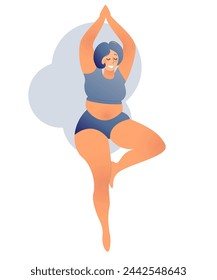 Señora curvy talla grande haciendo clase de yoga. Ilustración vectorial aislada en blanco. Concepto de entrenamiento casero en línea. Cuerpo positivo. Mujer atractiva con sobrepeso. 