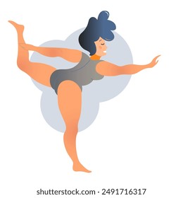 Plus size curvy lady doing yoga class. Vector illustration isolated on white. Online home workout concept. Body positive. Attractive overweight woman. 