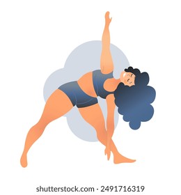 Plus size curvy lady doing yoga class. Vector illustration isolated on white. Online home workout concept. Body positive. Attractive overweight woman. 