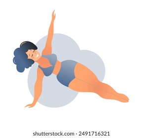 Plus size curvy lady doing yoga class. Vector illustration isolated on white. Online home workout concept. Body positive. Attractive overweight woman. 