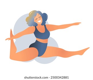 Plus size curvy lady doing yoga class. Vector illustration isolated on white. Online home workout concept. Body positive. Attractive overweight woman. 