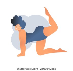 Plus size curvy lady doing yoga class. Vector illustration isolated on white. Online home workout concept. Body positive. Attractive overweight woman. 