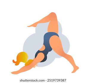 Plus size curvy lady doing yoga class. Vector illustration isolated on white. Online home workout concept. Body positive. Attractive overweight woman. 